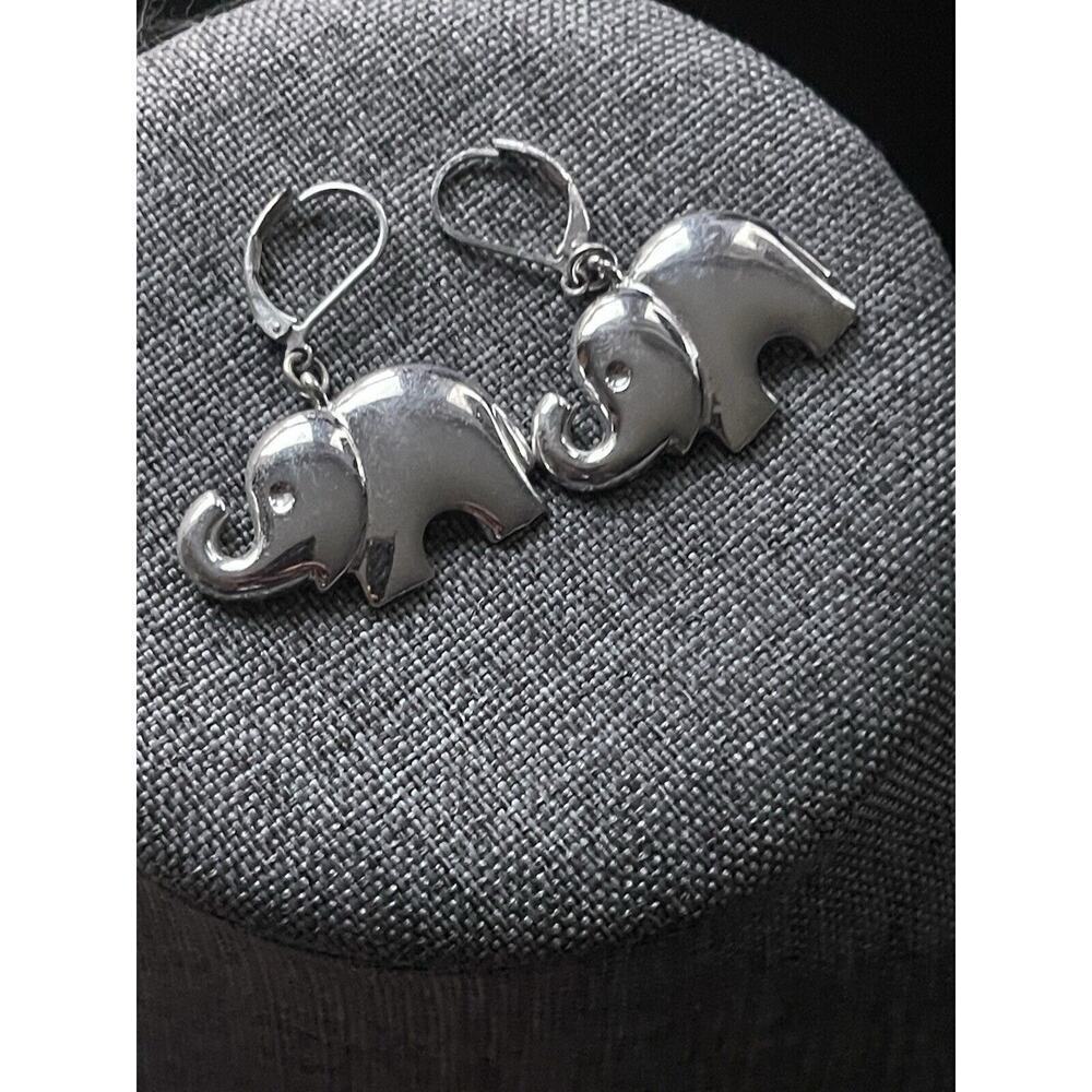 Whimsical Silver-Tone Earrings French Hook Elephant Charm Dangle Vintage Safari